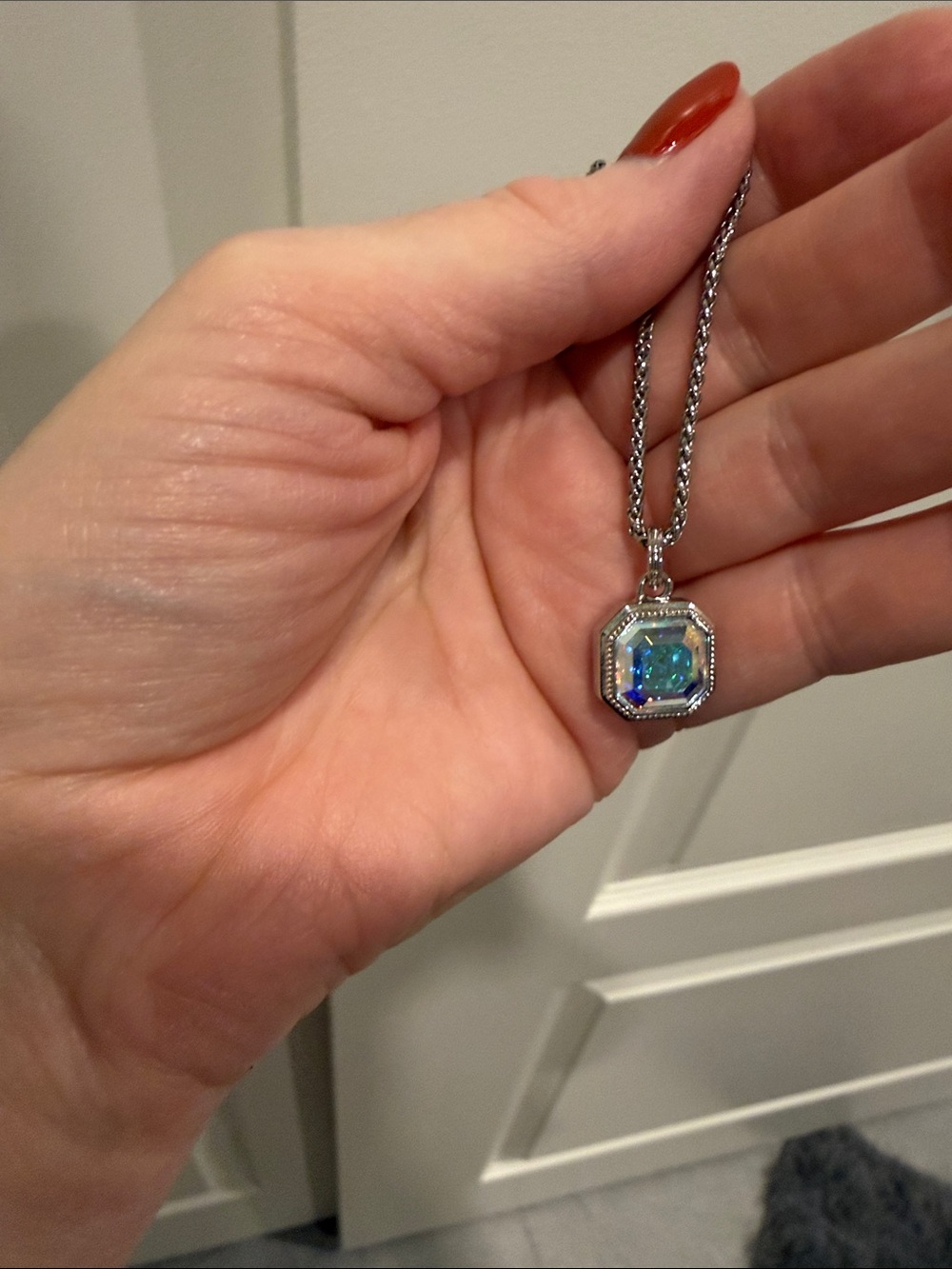 Origami Owl Silver Necklace with Iridescent Blue-Green Pendant